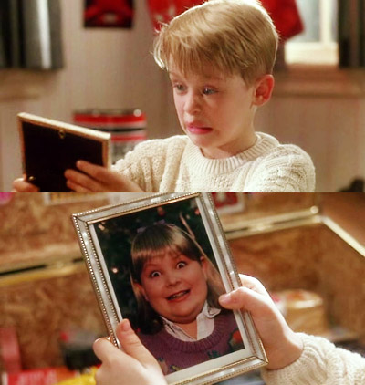 scene from Home Alone where the main character finds a picture of a relatives girlfriend and responds "woof"